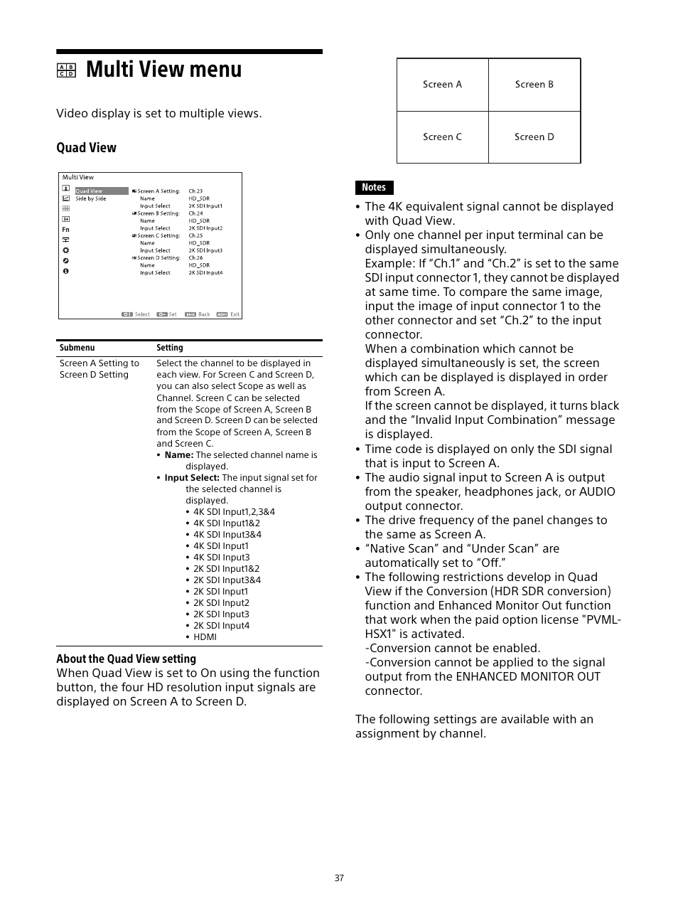 Multi view menu, Quad view, Video display is set to multiple views | Sony E 16mm f/2.8 Lens User Manual | Page 37 / 86