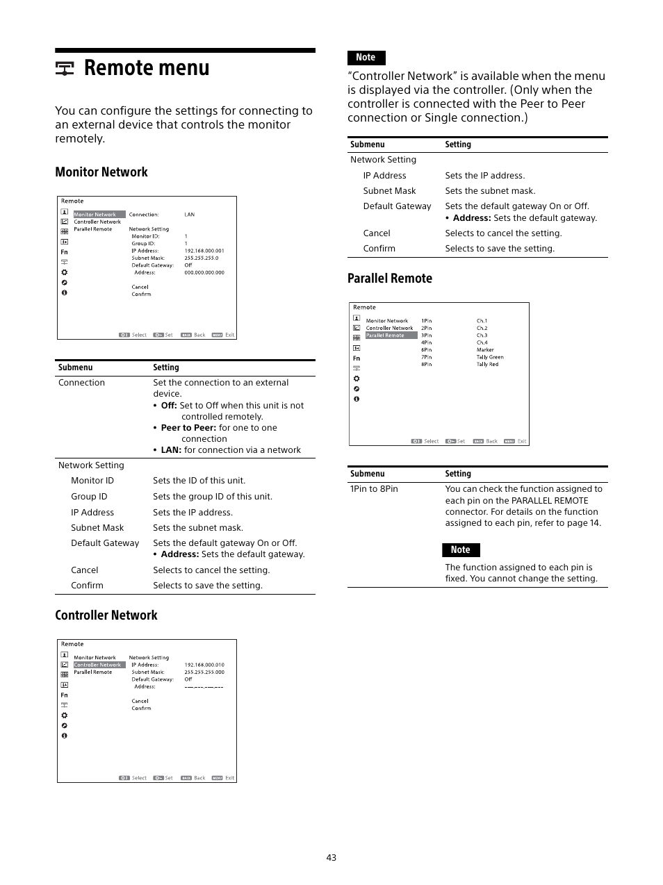 Remote menu, Monitor network, Monitor network controller network | Parallel remote | Sony E 16mm f/2.8 Lens User Manual | Page 43 / 86