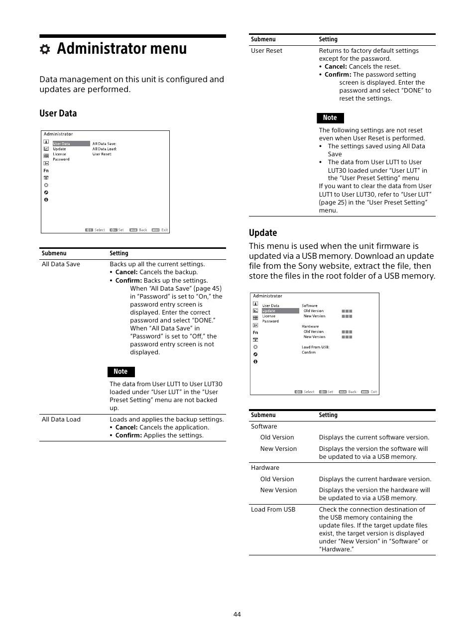 Administrator menu, User data update | Sony E 16mm f/2.8 Lens User Manual | Page 44 / 86