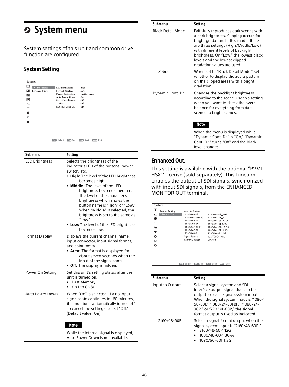 System menu, System setting enhanced out | Sony E 16mm f/2.8 Lens User Manual | Page 46 / 86