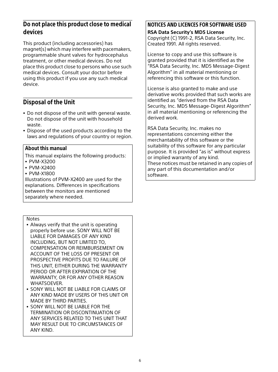 Do not place this product close to medical devices, Disposal of the unit, Do not place this product close to medical | Devices, About this manual, Notices and licences for software used | Sony E 16mm f/2.8 Lens User Manual | Page 6 / 86