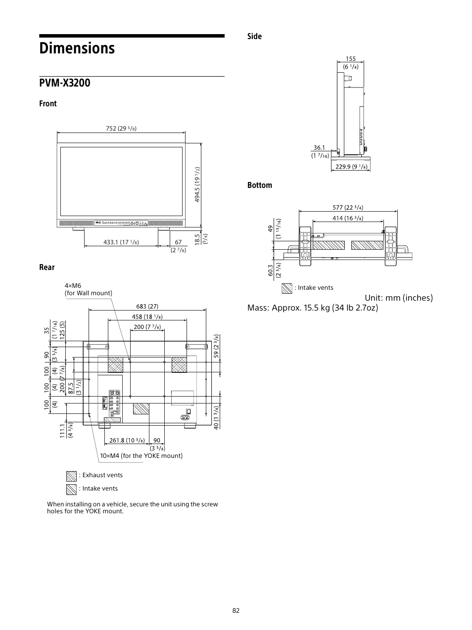 Dimensions, Pvm-x3200 | Sony E 16mm f/2.8 Lens User Manual | Page 82 / 86