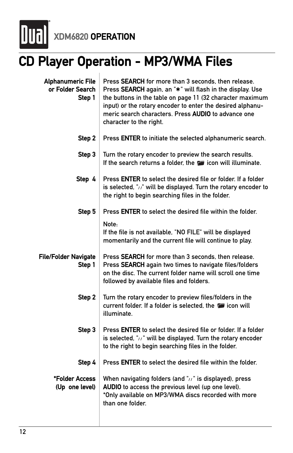 Cd player operation - mp3/wma files, Xdm6820 operation | Dual XDM6820 User Manual | Page 12 / 20