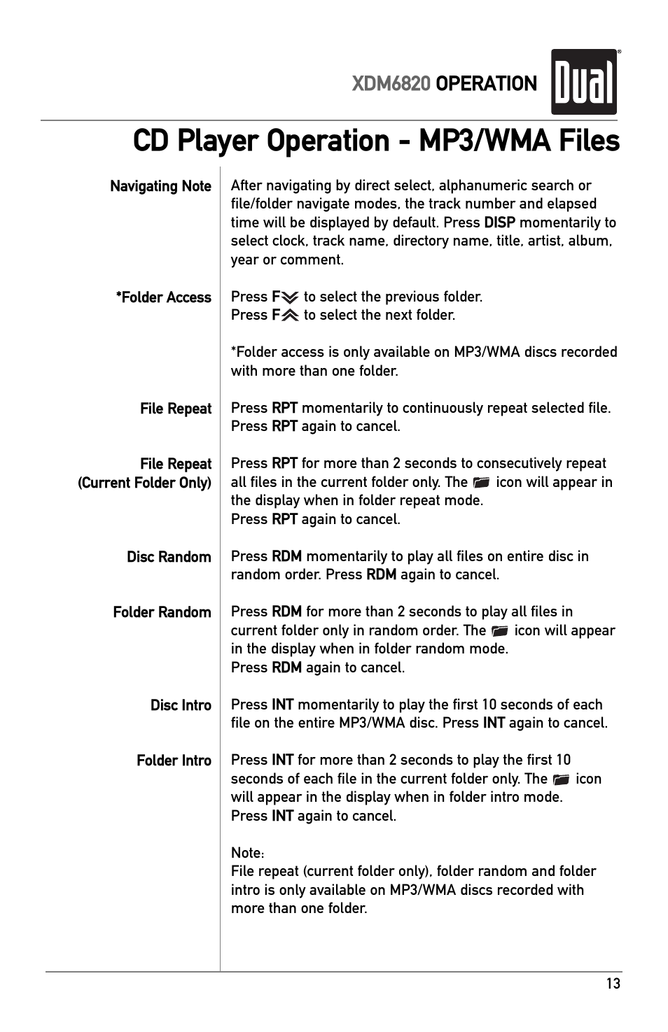 Cd player operation - mp3/wma files, Xdm6820 operation | Dual XDM6820 User Manual | Page 13 / 20