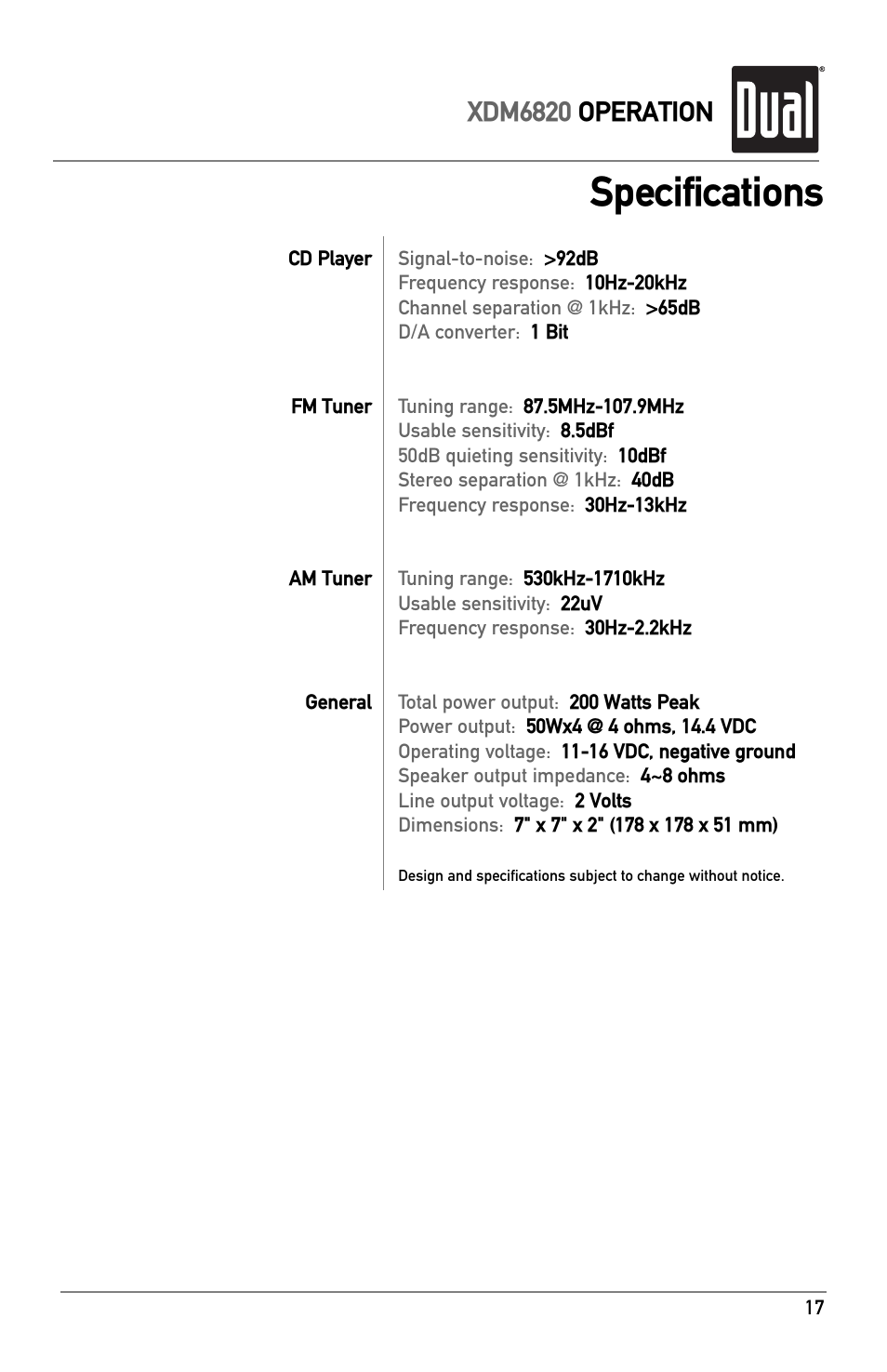 Specifications, Xdm6820 operation | Dual XDM6820 User Manual | Page 17 / 20