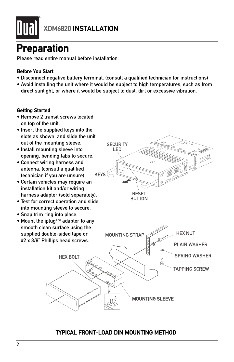 Preparation, Xdm6820 installation | Dual XDM6820 User Manual | Page 2 / 20