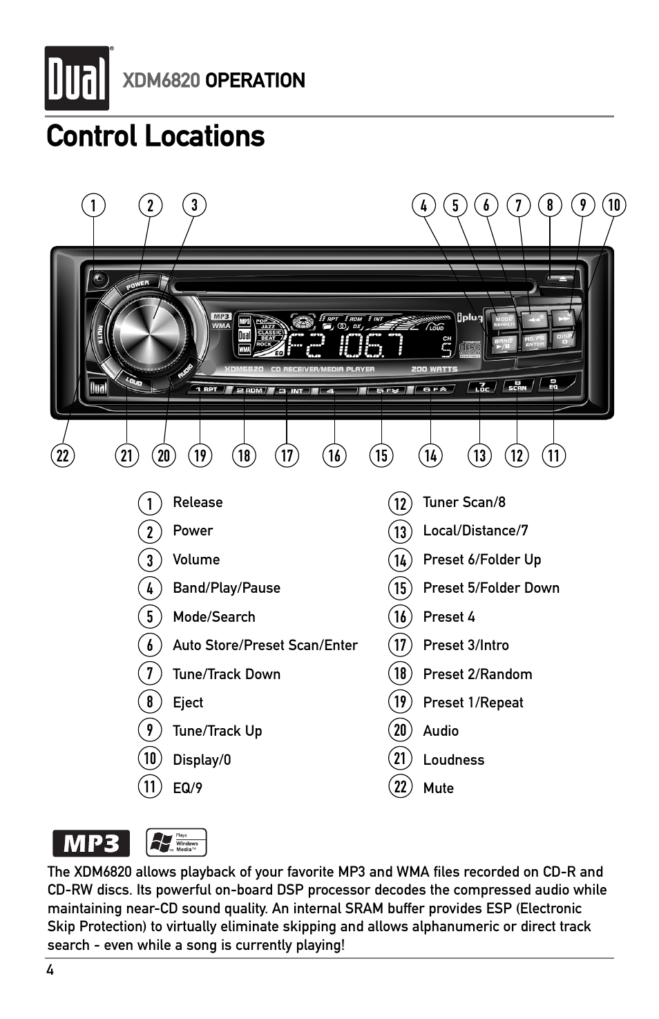 Control locations, Xdm6820 operation | Dual XDM6820 User Manual | Page 4 / 20