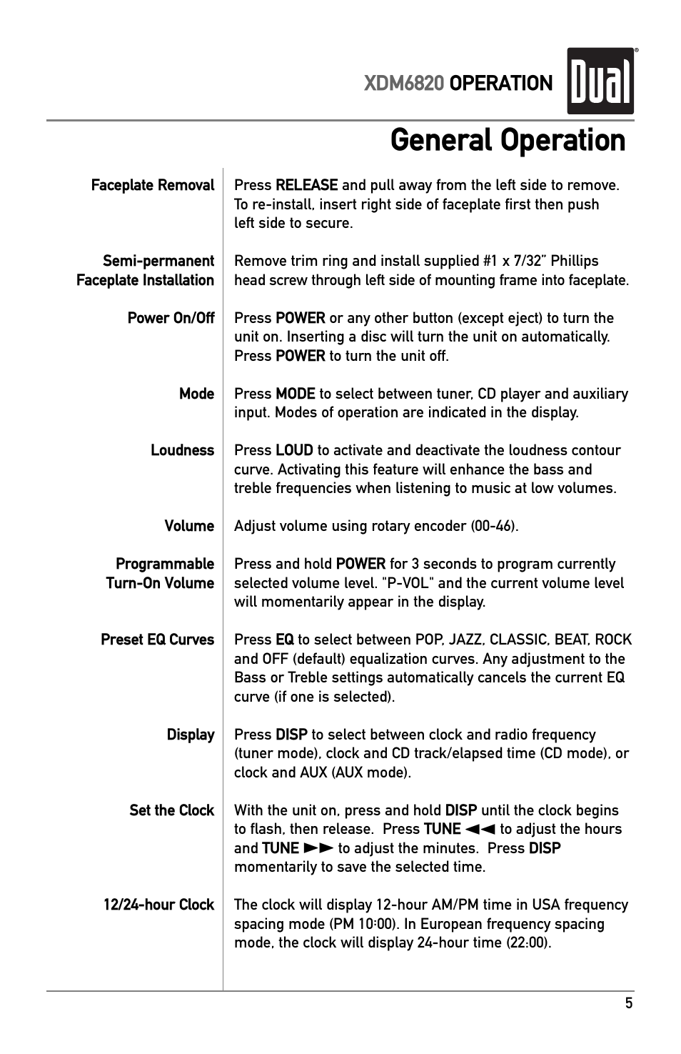 General operation, Xdm6820 operation | Dual XDM6820 User Manual | Page 5 / 20