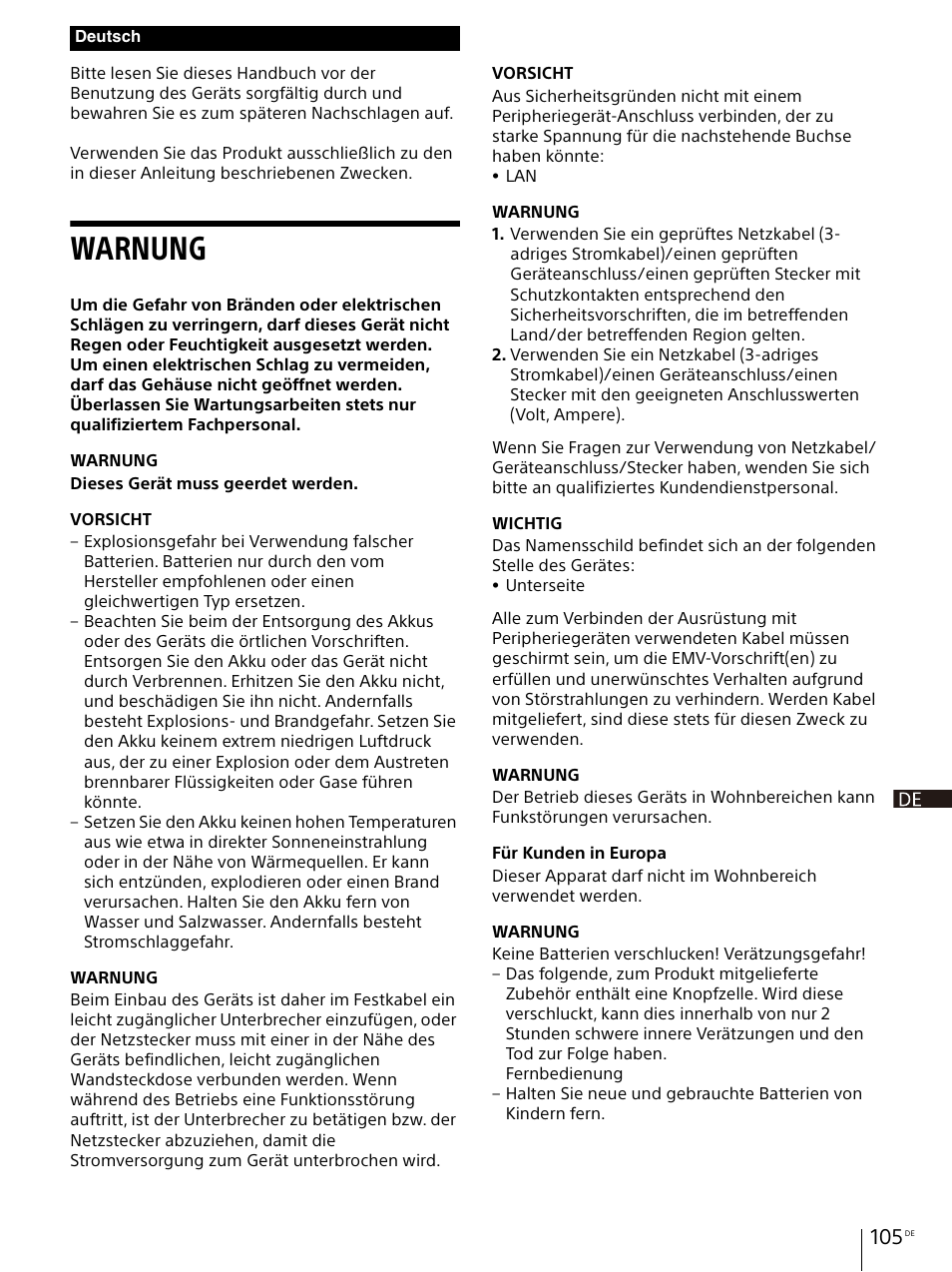 Warnung | Sony Vario-Tessar T* E 16-70mm f/4 ZA OSS Lens User Manual | Page 105 / 155