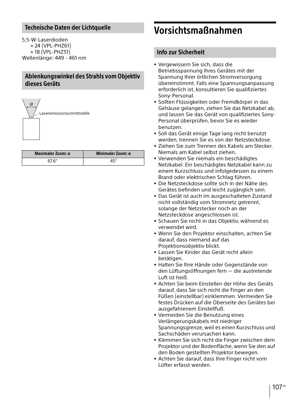 Technische daten der lichtquelle, Vorsichtsmaßnahmen, Info zur sicherheit | Sony Vario-Tessar T* E 16-70mm f/4 ZA OSS Lens User Manual | Page 107 / 155