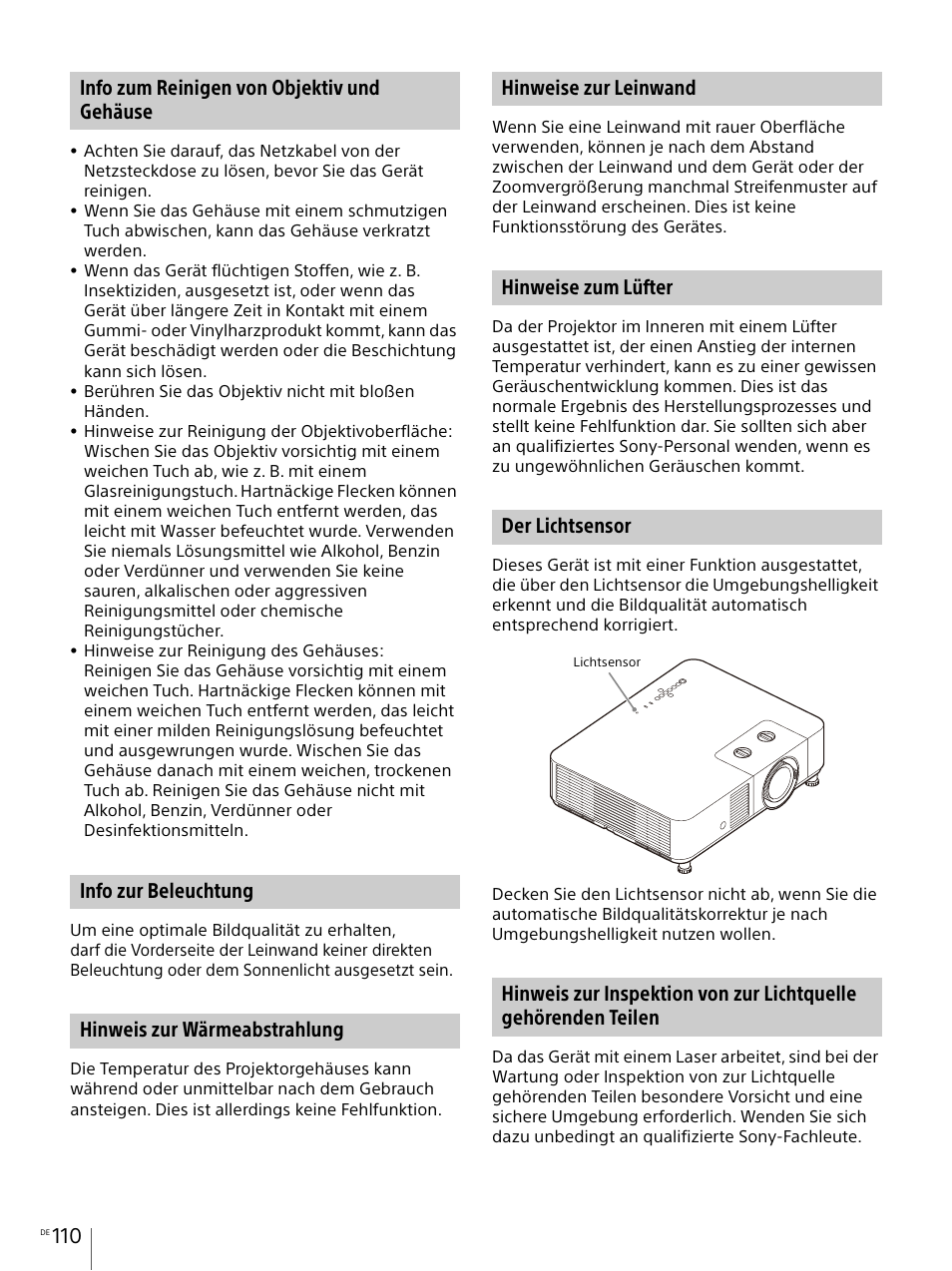 Info zum reinigen von objektiv und gehäuse, Info zur beleuchtung, Hinweis zur wärmeabstrahlung | Hinweise zur leinwand, Hinweise zum lüfter, Der lichtsensor | Sony Vario-Tessar T* E 16-70mm f/4 ZA OSS Lens User Manual | Page 110 / 155