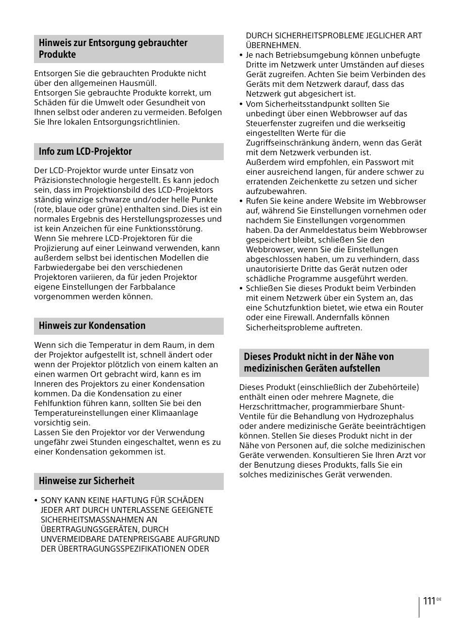 Hinweis zur entsorgung gebrauchter produkte, Info zum lcd-projektor, Hinweis zur kondensation | Hinweise zur sicherheit | Sony Vario-Tessar T* E 16-70mm f/4 ZA OSS Lens User Manual | Page 111 / 155