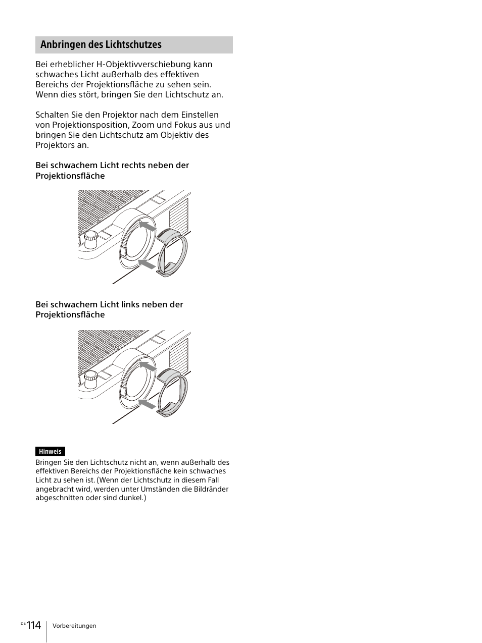 Anbringen des lichtschutzes | Sony Vario-Tessar T* E 16-70mm f/4 ZA OSS Lens User Manual | Page 114 / 155