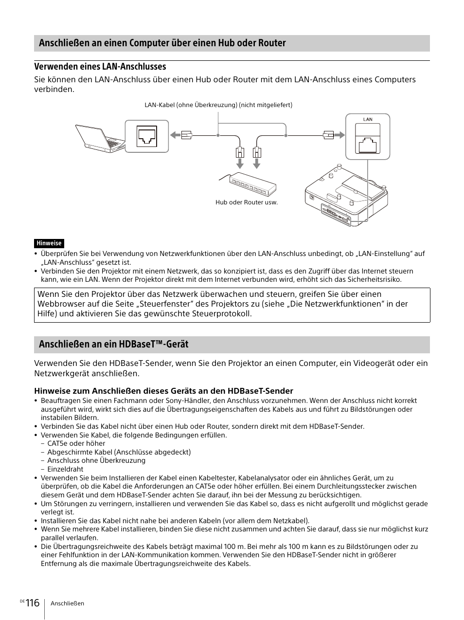 Anschließen an ein hdbaset™-gerät, Verwenden eines lan-anschlusses | Sony Vario-Tessar T* E 16-70mm f/4 ZA OSS Lens User Manual | Page 116 / 155