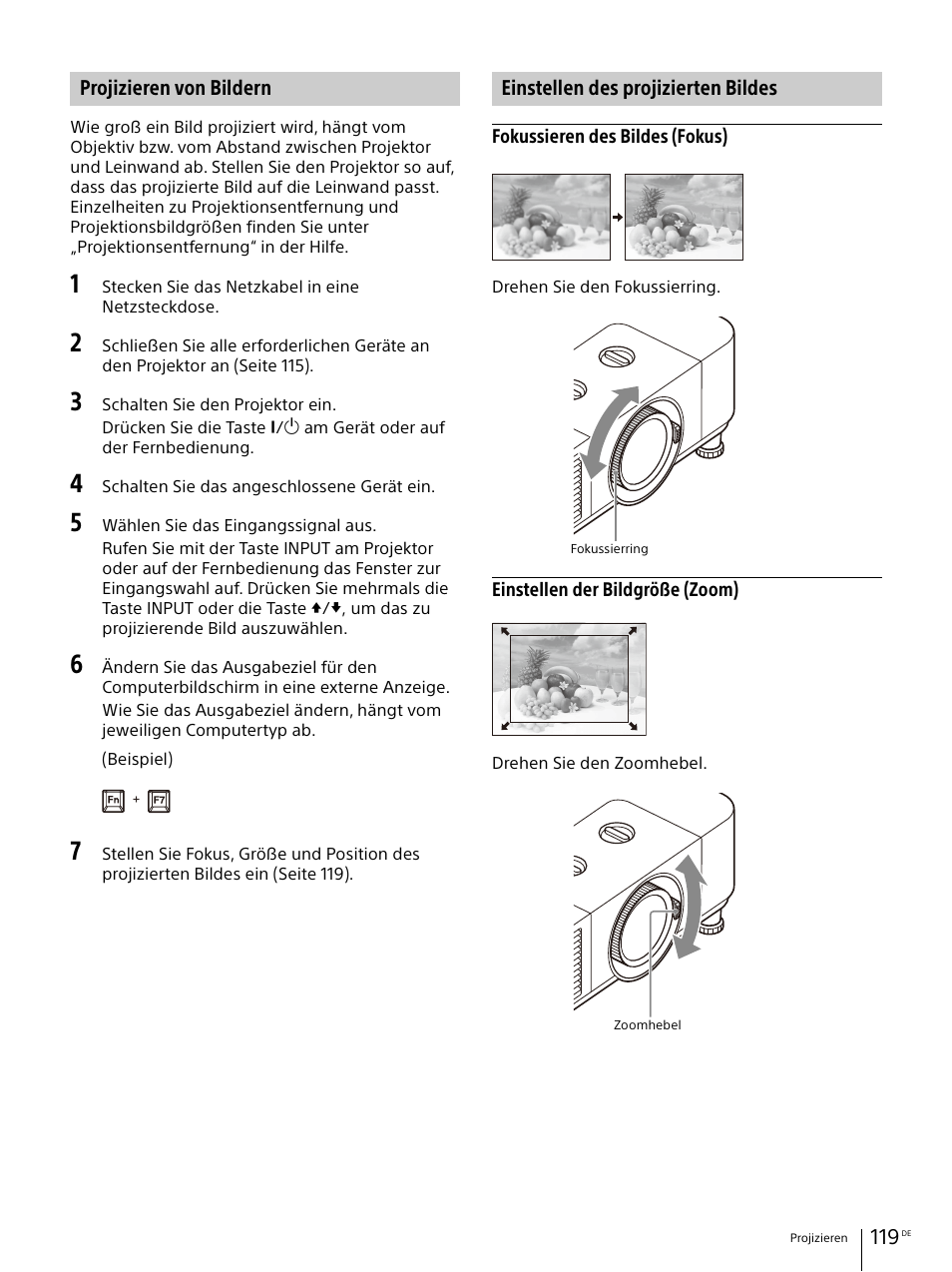 Projizieren von bildern, Einstellen des projizierten bildes | Sony Vario-Tessar T* E 16-70mm f/4 ZA OSS Lens User Manual | Page 119 / 155