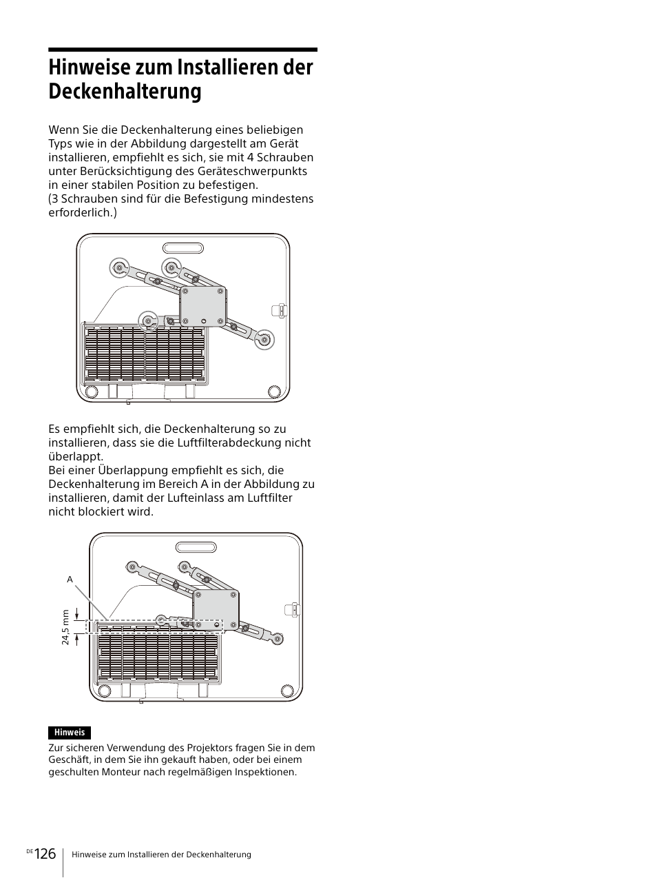 Hinweise zum installieren der deckenhalterung, Seite 126 | Sony Vario-Tessar T* E 16-70mm f/4 ZA OSS Lens User Manual | Page 126 / 155