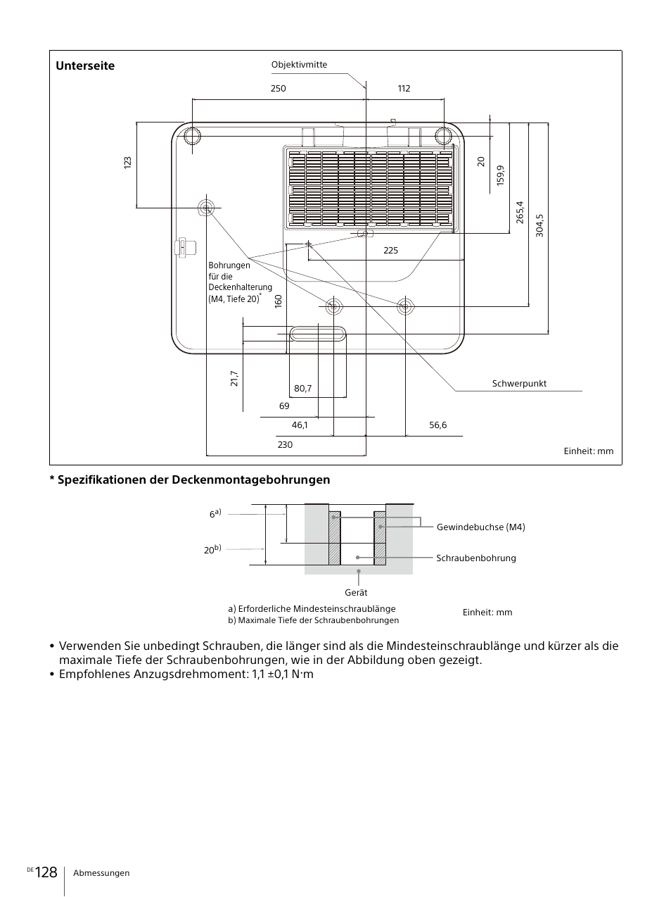 Spezifikationen der deckenmontagebohrungen, Empfohlenes anzugsdrehmoment: 1,1 ±0,1 n, Unterseite | Sony Vario-Tessar T* E 16-70mm f/4 ZA OSS Lens User Manual | Page 128 / 155