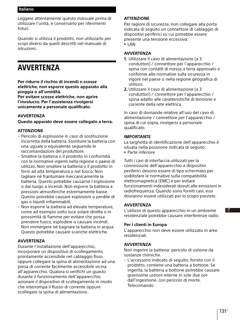 Avvertenza | Sony Vario-Tessar T* E 16-70mm f/4 ZA OSS Lens User Manual | Page 131 / 155