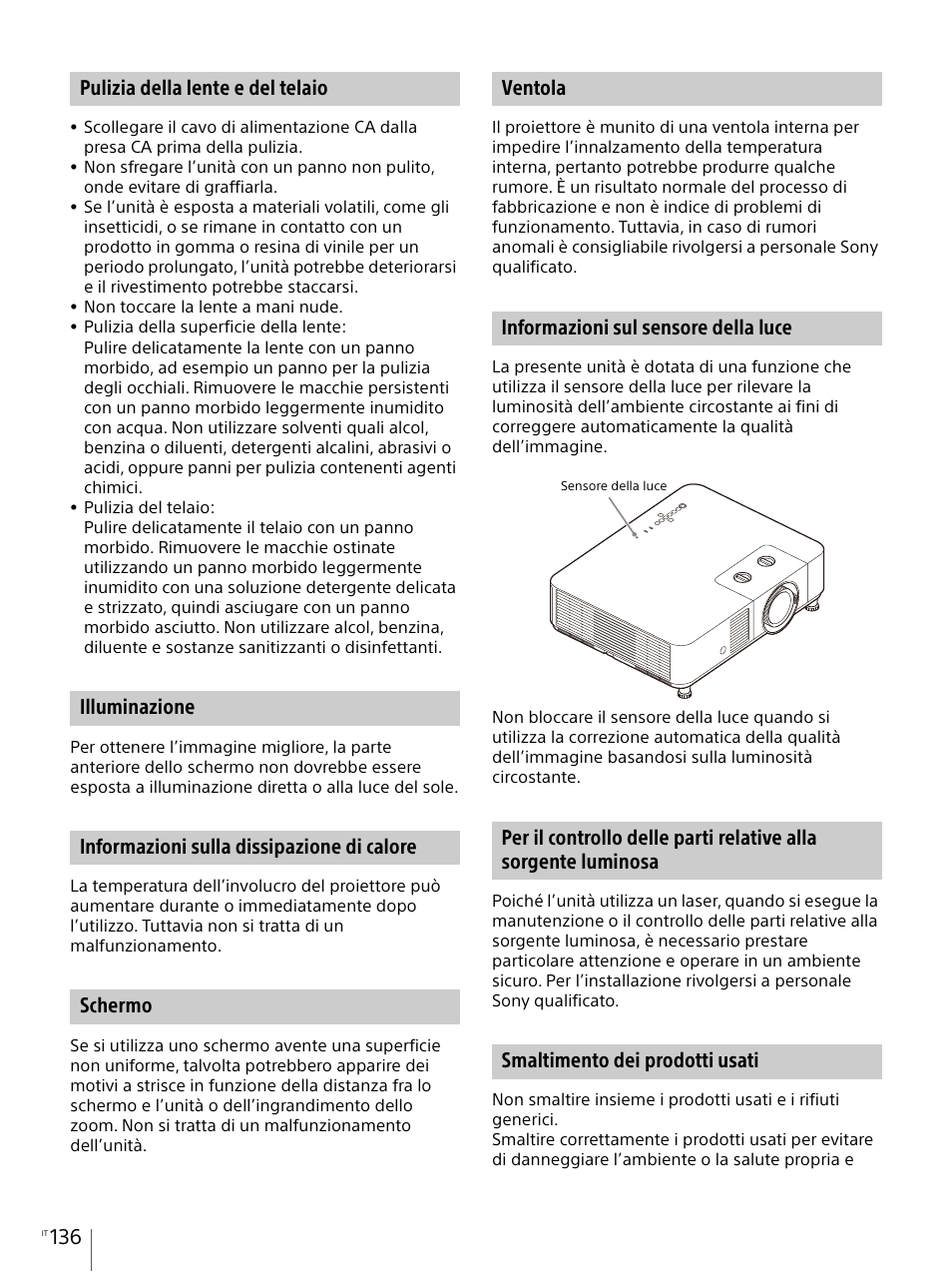 Pulizia della lente e del telaio, Illuminazione, Informazioni sulla dissipazione di calore | Schermo, Ventola, Informazioni sul sensore della luce, Smaltimento dei prodotti usati | Sony Vario-Tessar T* E 16-70mm f/4 ZA OSS Lens User Manual | Page 136 / 155