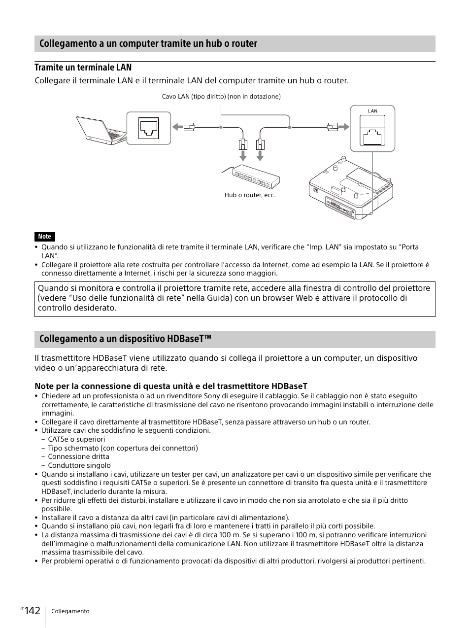 Collegamento a un computer tramite un hub o router, Collegamento a un dispositivo hdbaset, Tramite un terminale lan | Sony Vario-Tessar T* E 16-70mm f/4 ZA OSS Lens User Manual | Page 142 / 155