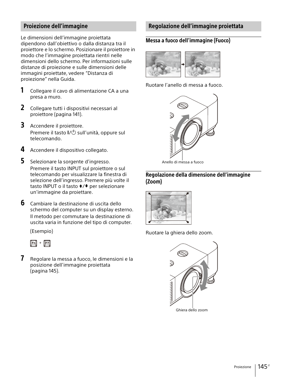 Proiezione dell’immagine, Regolazione dell’immagine proiettata | Sony Vario-Tessar T* E 16-70mm f/4 ZA OSS Lens User Manual | Page 145 / 155