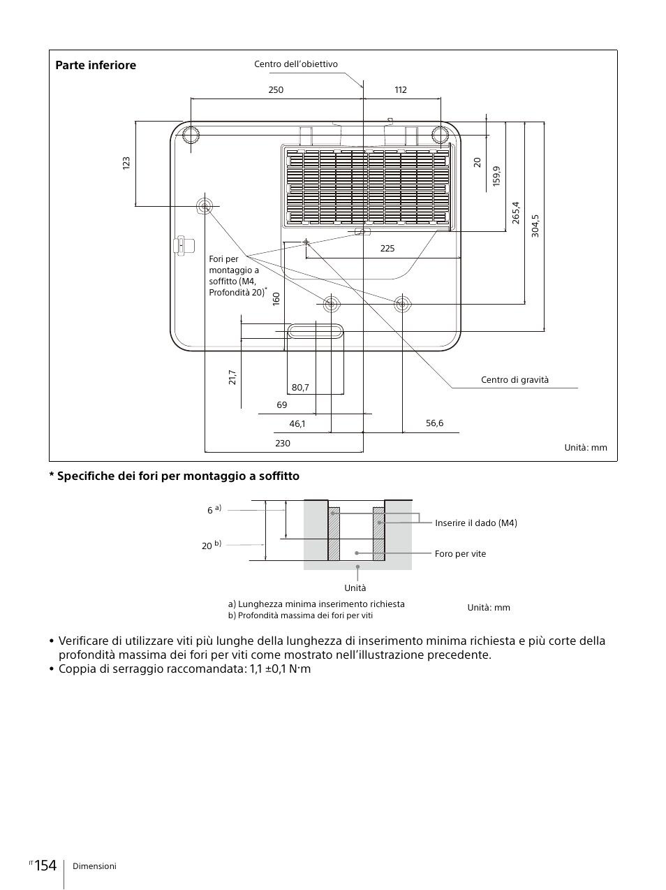 Specifiche dei fori per montaggio a soffitto, Coppia di serraggio raccomandata: 1,1 ±0,1 n, Parte inferiore | Sony Vario-Tessar T* E 16-70mm f/4 ZA OSS Lens User Manual | Page 154 / 155