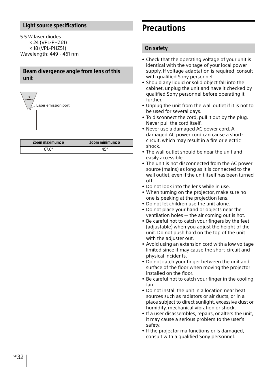 Light source specifications, Beam divergence angle from lens of this unit, Precautions | On safety | Sony Vario-Tessar T* E 16-70mm f/4 ZA OSS Lens User Manual | Page 32 / 155