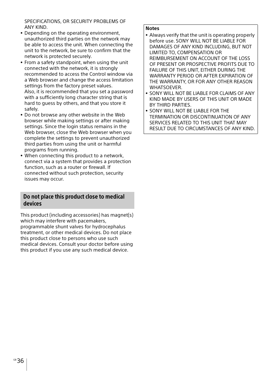 Do not place this product close to medical devices | Sony Vario-Tessar T* E 16-70mm f/4 ZA OSS Lens User Manual | Page 36 / 155