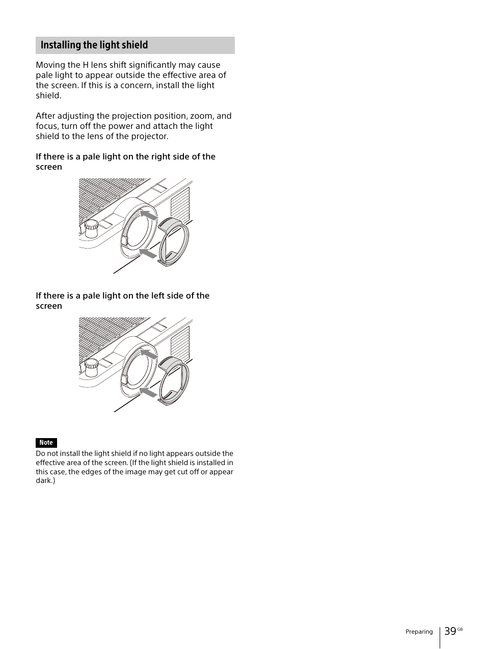 Installing the light shield | Sony Vario-Tessar T* E 16-70mm f/4 ZA OSS Lens User Manual | Page 39 / 155