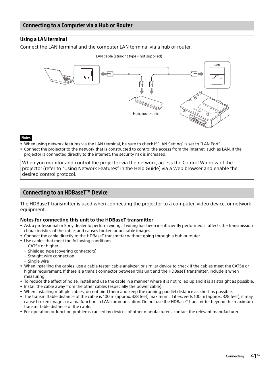 Connecting to a computer via a hub or router, Connecting to an hdbaset™ device, Using a lan terminal | Sony Vario-Tessar T* E 16-70mm f/4 ZA OSS Lens User Manual | Page 41 / 155