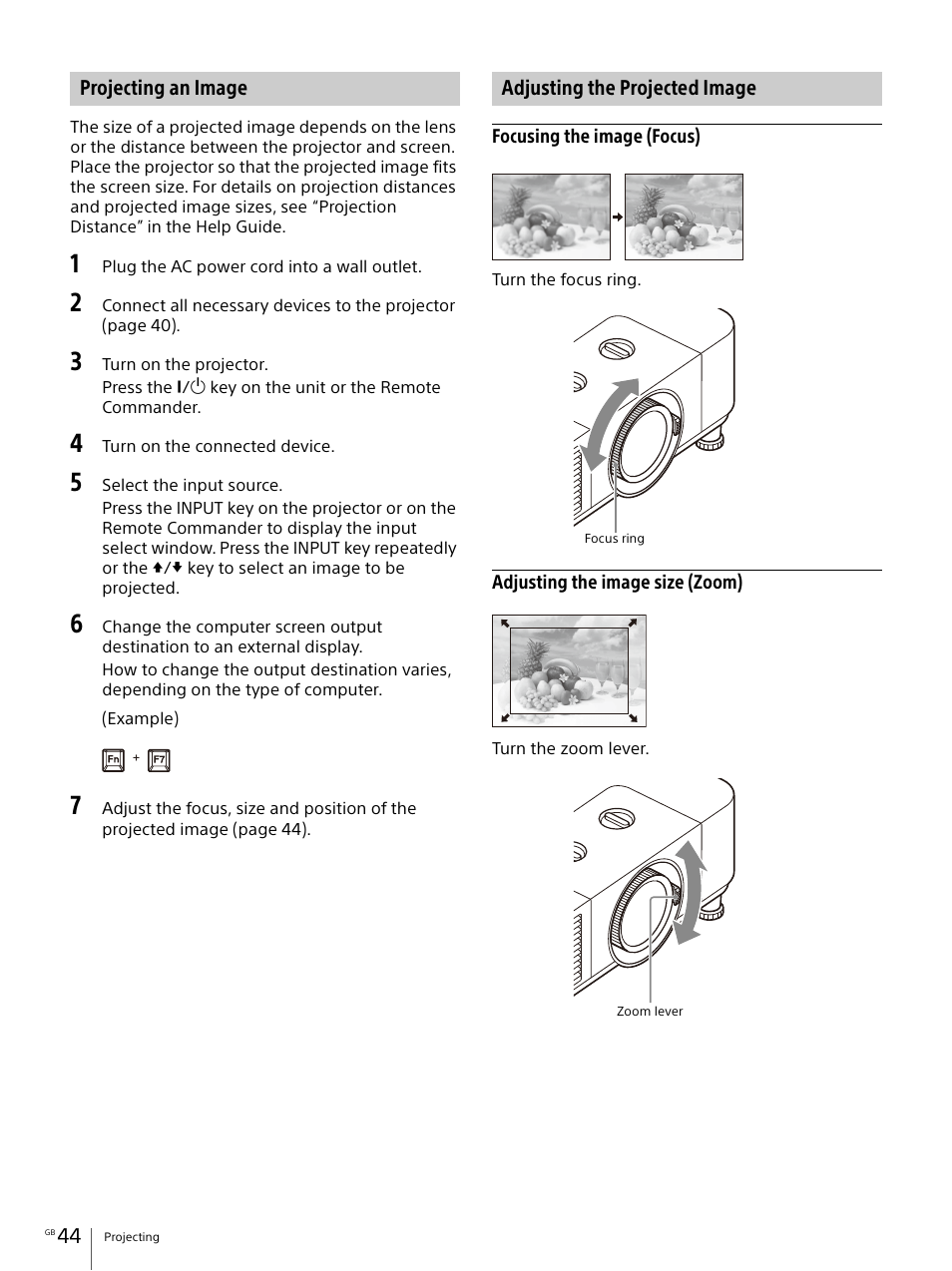 Projecting an image, Adjusting the projected image | Sony Vario-Tessar T* E 16-70mm f/4 ZA OSS Lens User Manual | Page 44 / 155