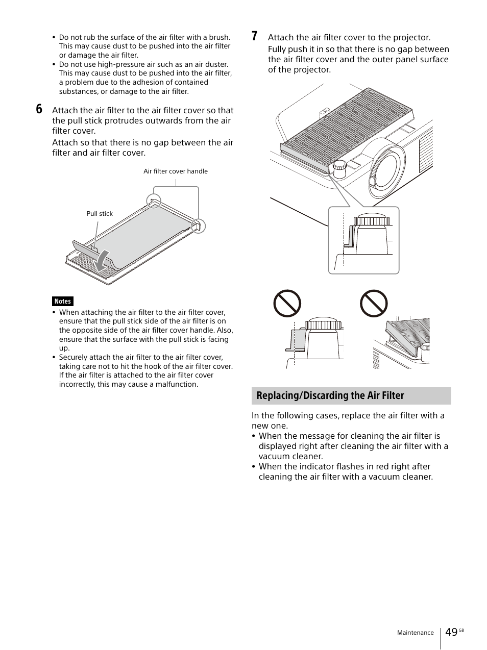 Replacing/discarding the air filter | Sony Vario-Tessar T* E 16-70mm f/4 ZA OSS Lens User Manual | Page 49 / 155