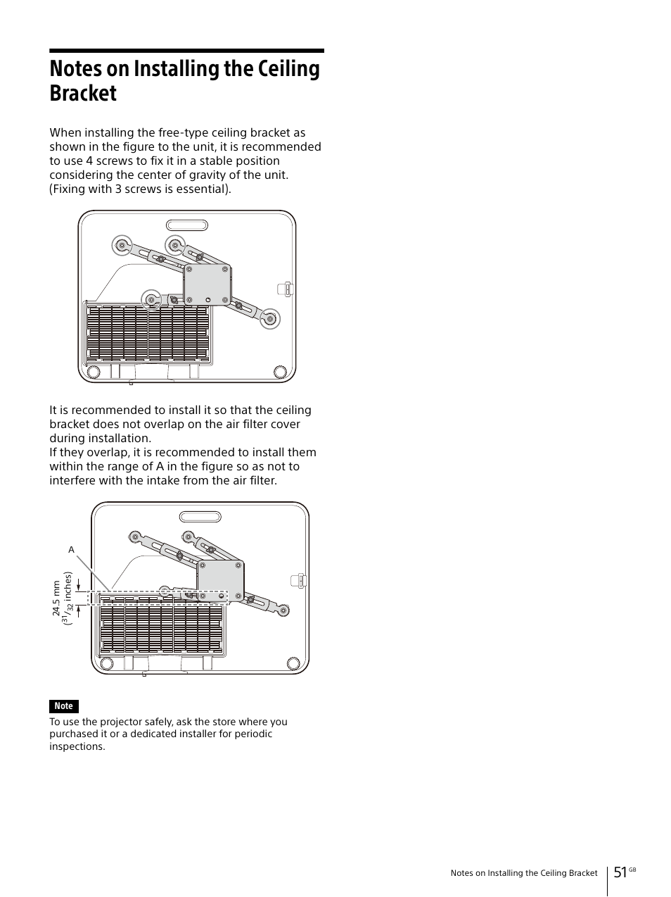 Notes on installing the ceiling bracket | Sony Vario-Tessar T* E 16-70mm f/4 ZA OSS Lens User Manual | Page 51 / 155