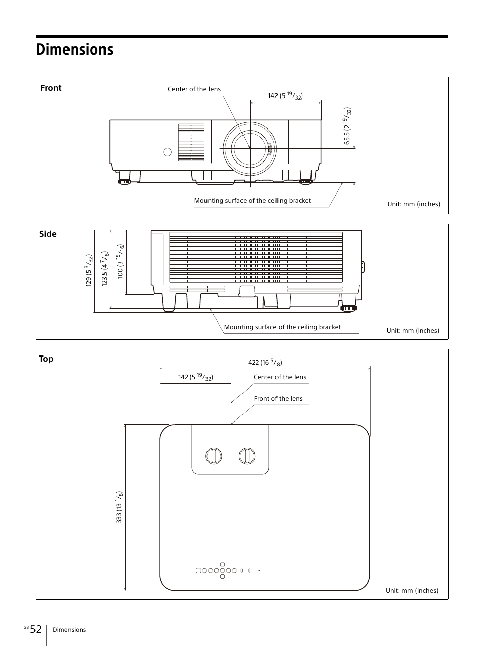 Dimensions, Front, Side | Sony Vario-Tessar T* E 16-70mm f/4 ZA OSS Lens User Manual | Page 52 / 155