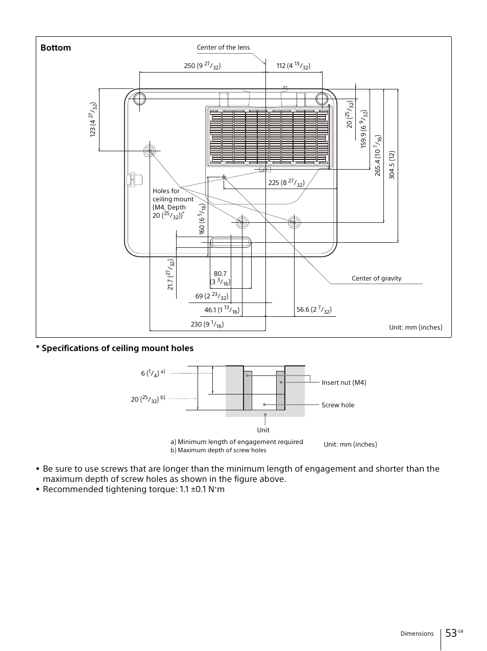 Specifications of ceiling mount holes, Recommended tightening torque: 1.1 ±0.1 n  m, Bottom | Sony Vario-Tessar T* E 16-70mm f/4 ZA OSS Lens User Manual | Page 53 / 155