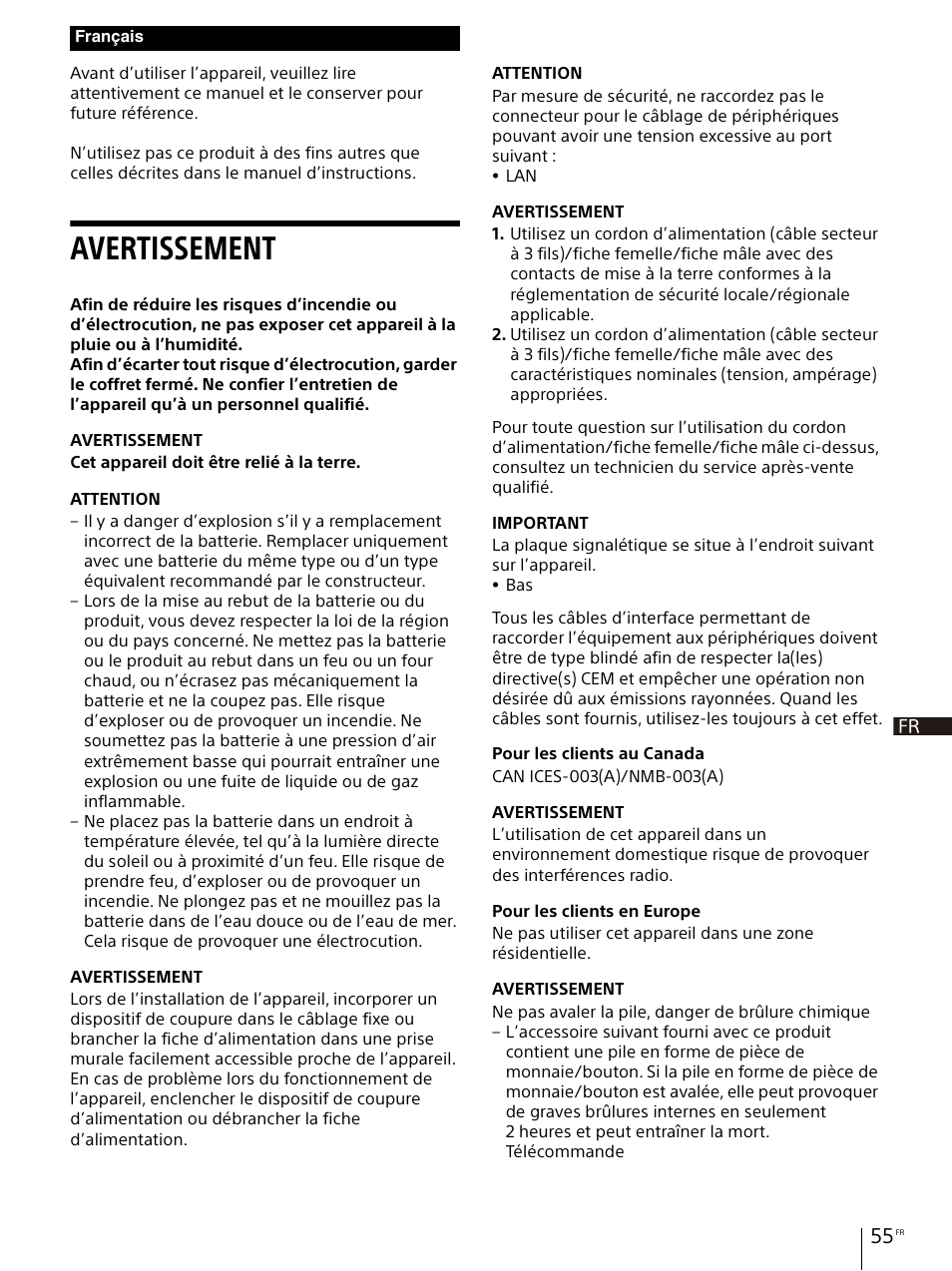 Avertissement | Sony Vario-Tessar T* E 16-70mm f/4 ZA OSS Lens User Manual | Page 55 / 155