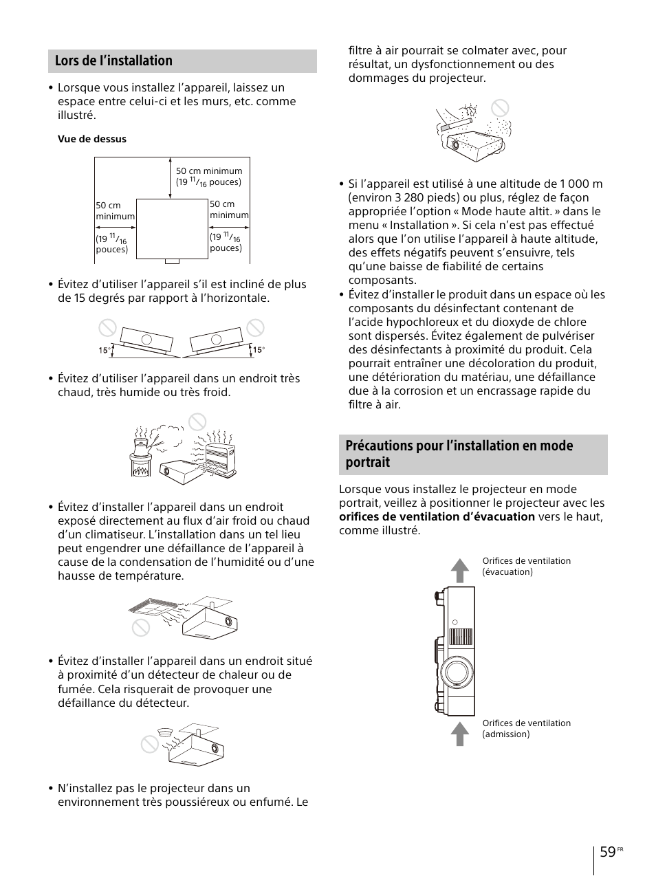 Lors de i’installation, Précautions pour l’installation en mode portrait | Sony Vario-Tessar T* E 16-70mm f/4 ZA OSS Lens User Manual | Page 59 / 155