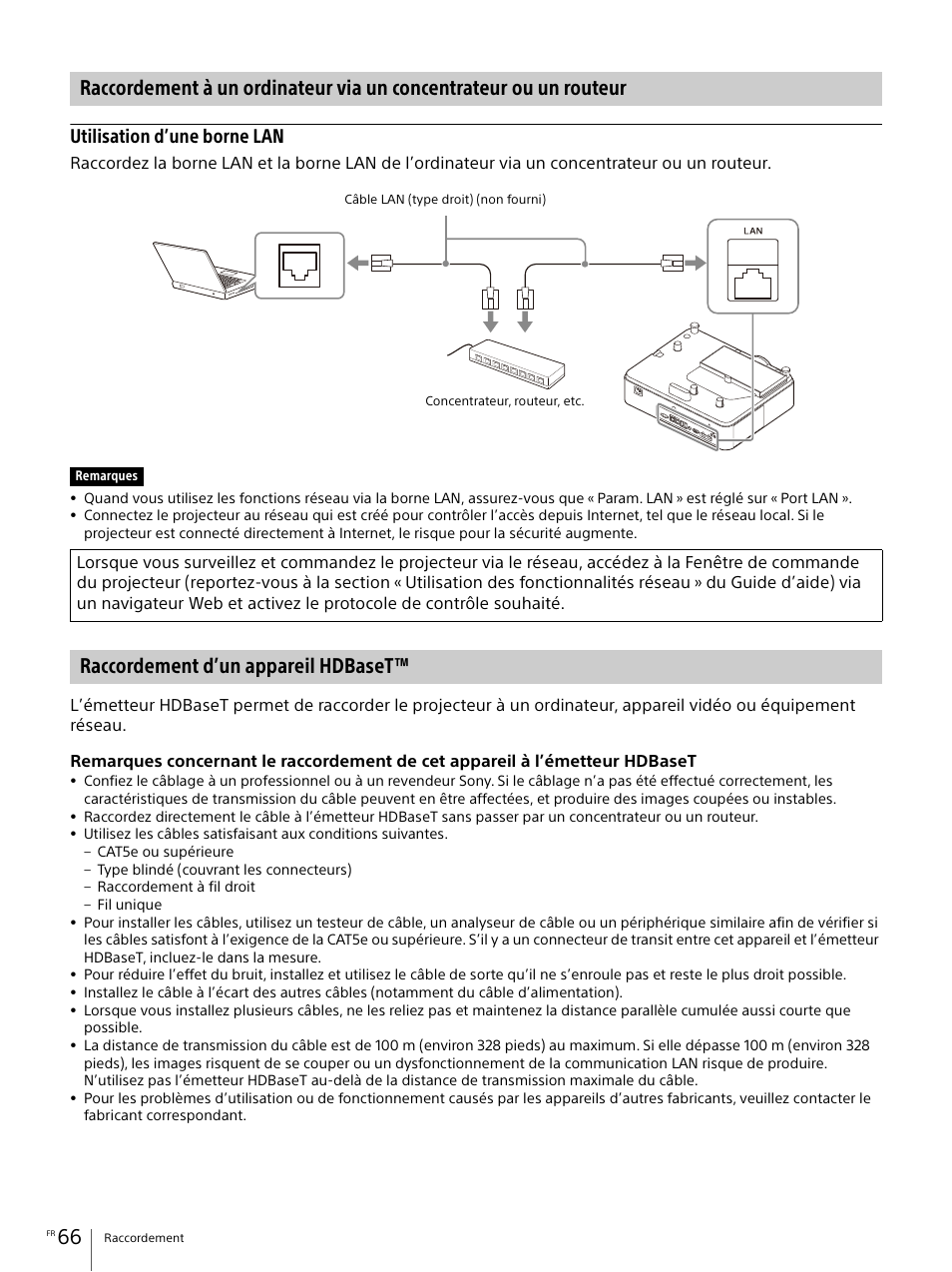 Raccordement d’un appareil hdbaset, Utilisation d’une borne lan | Sony Vario-Tessar T* E 16-70mm f/4 ZA OSS Lens User Manual | Page 66 / 155