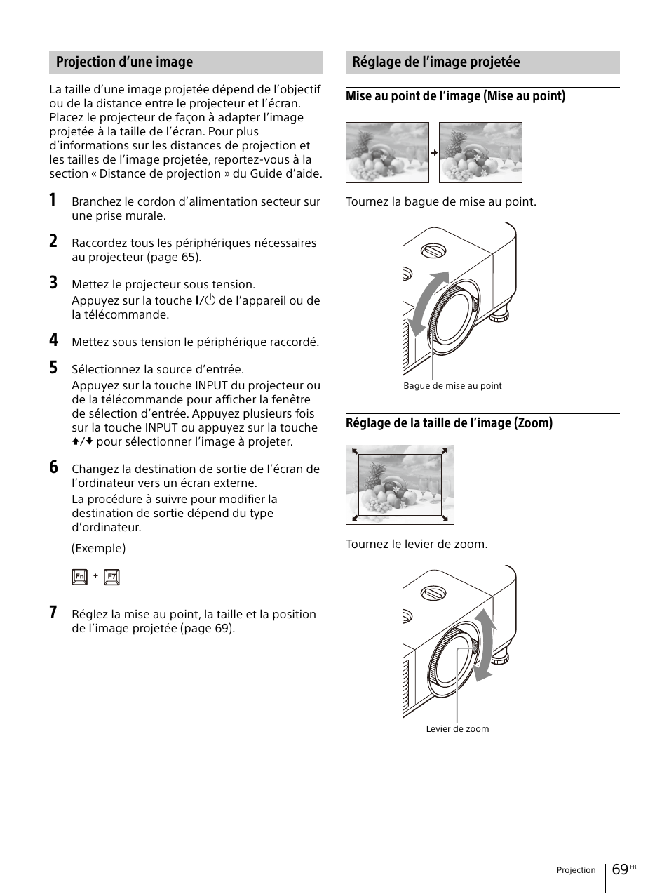 Projection d’une image, Réglage de l’image projetée | Sony Vario-Tessar T* E 16-70mm f/4 ZA OSS Lens User Manual | Page 69 / 155