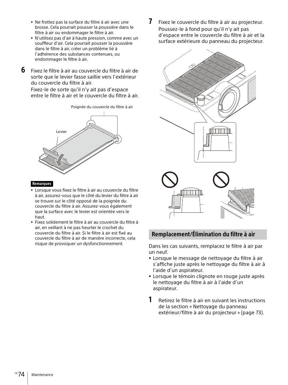 Remplacement/élimination du filtre à air | Sony Vario-Tessar T* E 16-70mm f/4 ZA OSS Lens User Manual | Page 74 / 155