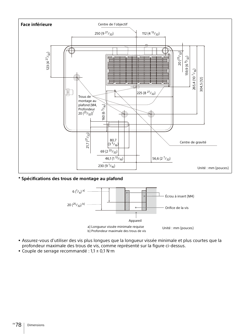 Spécifications des trous de montage au plafond, Couple de serrage recommandé : 1,1 ± 0,1 n, Face inférieure | Sony Vario-Tessar T* E 16-70mm f/4 ZA OSS Lens User Manual | Page 78 / 155