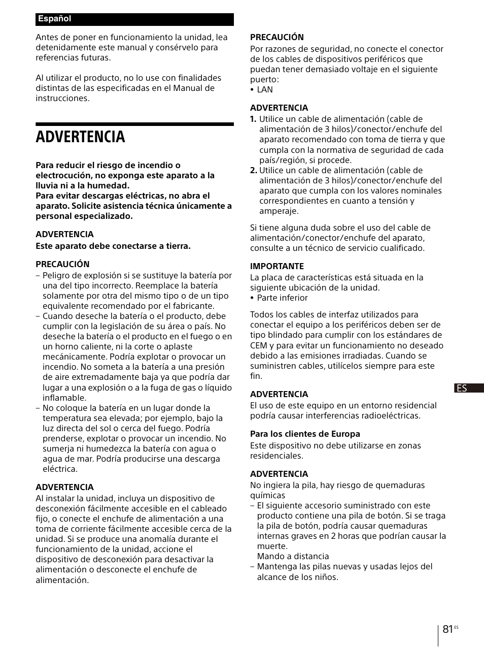 Advertencia | Sony Vario-Tessar T* E 16-70mm f/4 ZA OSS Lens User Manual | Page 81 / 155