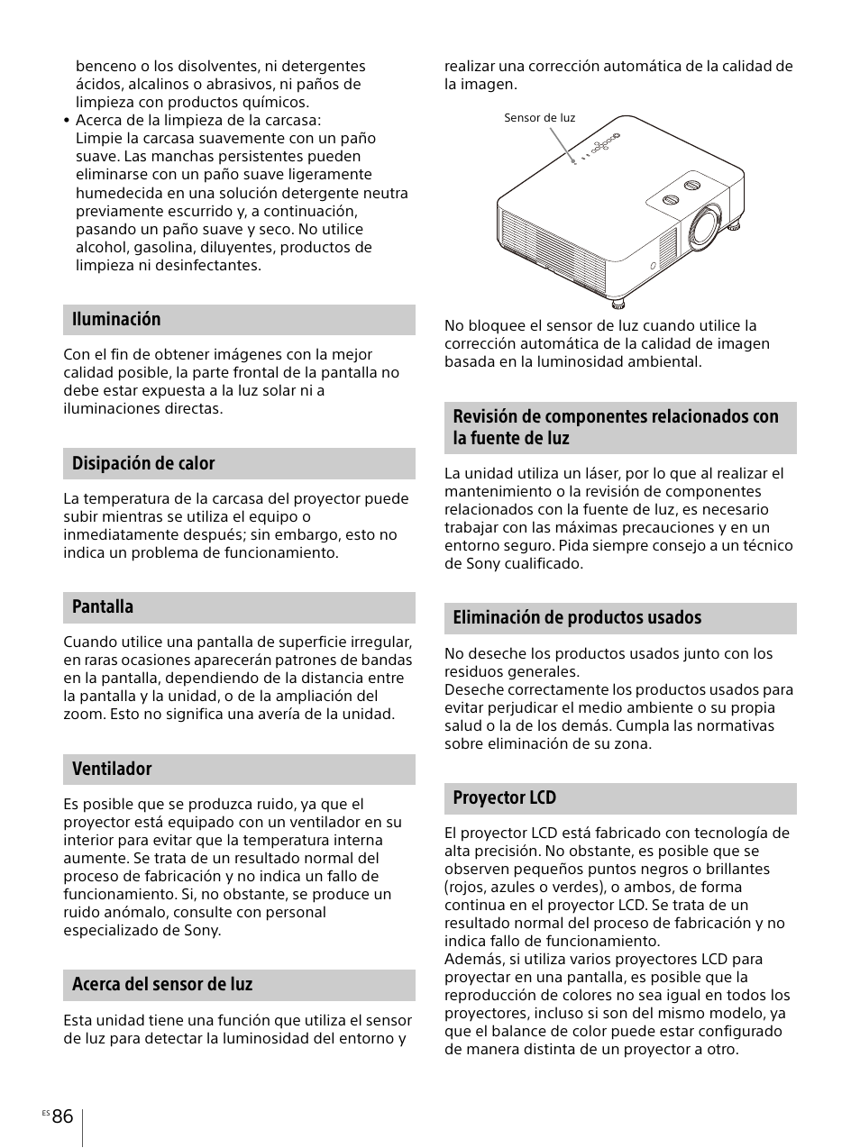 Iluminación, Disipación de calor, Pantalla | Ventilador, Acerca del sensor de luz, Eliminación de productos usados, Proyector lcd | Sony Vario-Tessar T* E 16-70mm f/4 ZA OSS Lens User Manual | Page 86 / 155