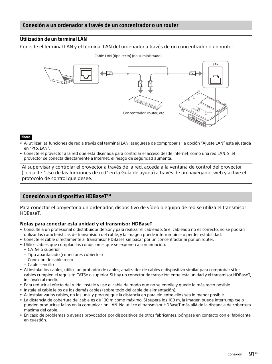 Conexión a un dispositivo hdbaset, Utilización de un terminal lan | Sony Vario-Tessar T* E 16-70mm f/4 ZA OSS Lens User Manual | Page 91 / 155