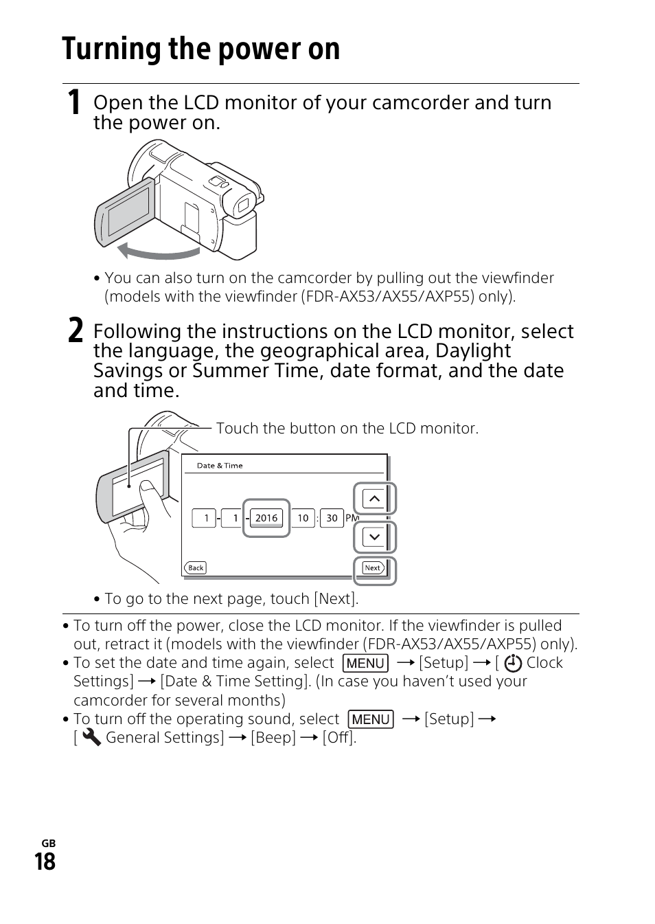 Turning the power on | Sony RM1BP Remote Commander User Manual | Page 18 / 60