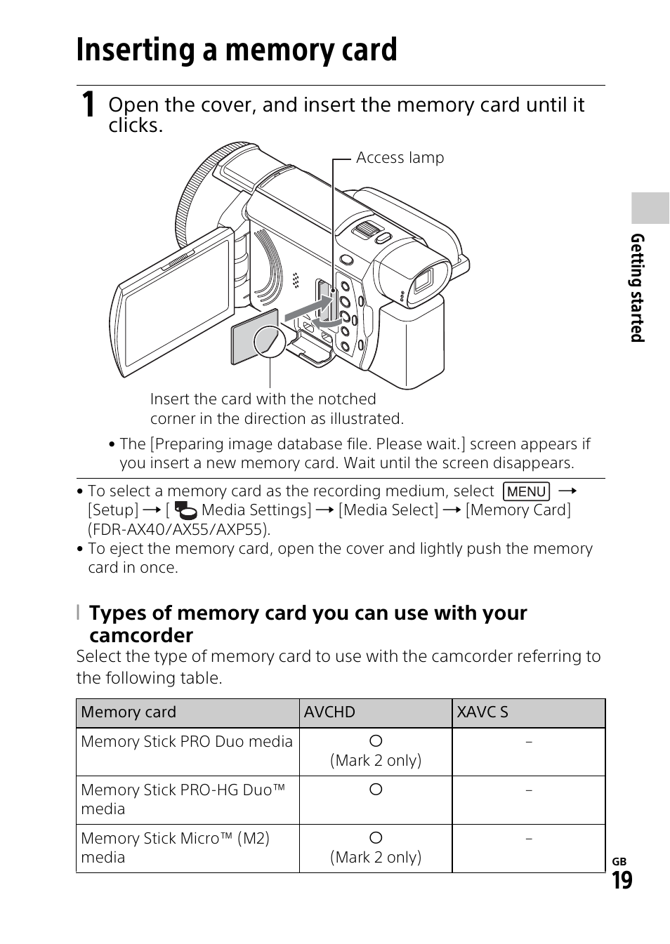 Inserting a memory card | Sony RM1BP Remote Commander User Manual | Page 19 / 60