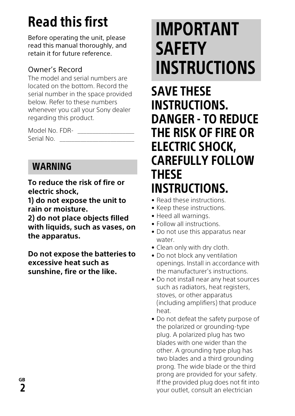 Read this first, Important safety instructions, Warning | Sony RM1BP Remote Commander User Manual | Page 2 / 60