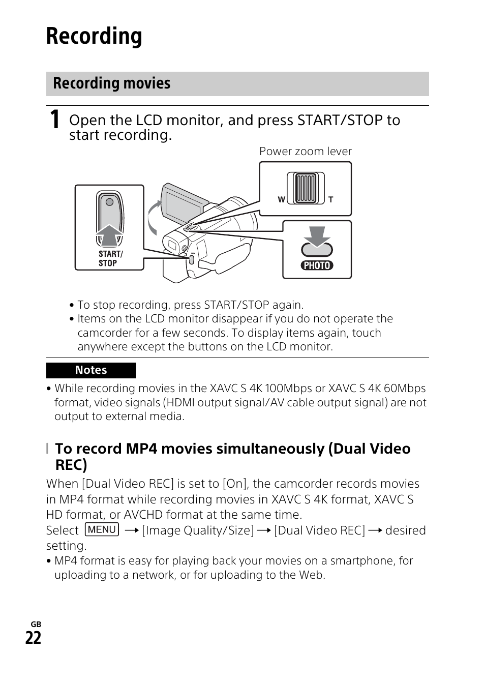 Recording/playback, Recording, Recording movies | Sony RM1BP Remote Commander User Manual | Page 22 / 60
