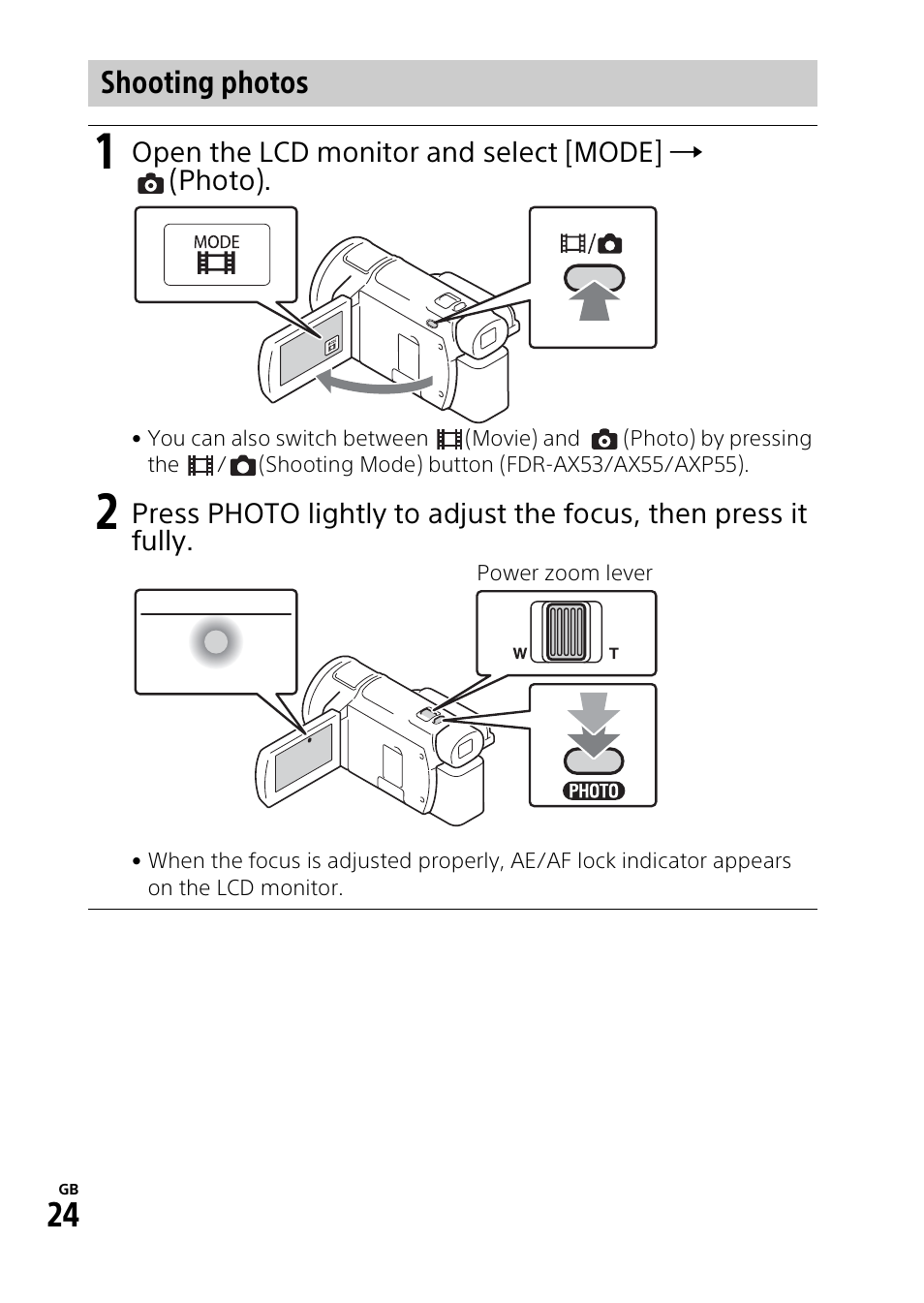 Shooting photos | Sony RM1BP Remote Commander User Manual | Page 24 / 60