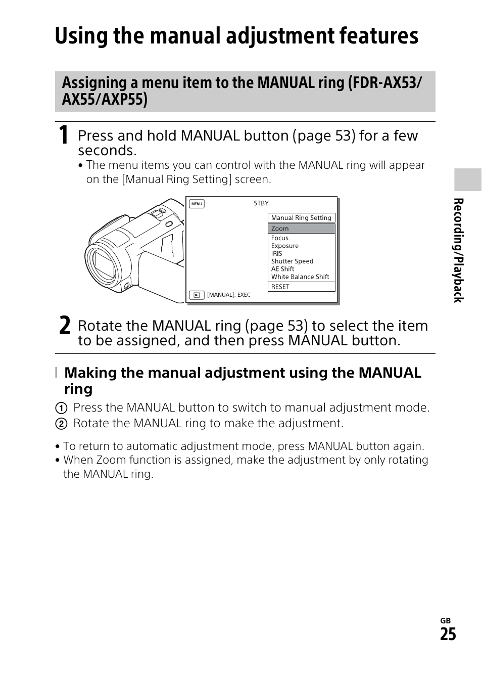 Using the manual adjustment features, Using the manual adjustment, Features | Sony RM1BP Remote Commander User Manual | Page 25 / 60